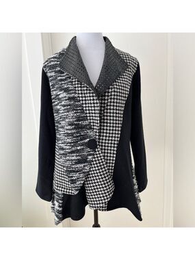 MINKAS Blazer Jacket Houndstooth Knit Faux Leather Lapel Patchwork Trapeze Cut